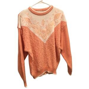 Vtg Maurada Womens Sweater Size Large L Coral White Grannycore Beaded Lace 80s